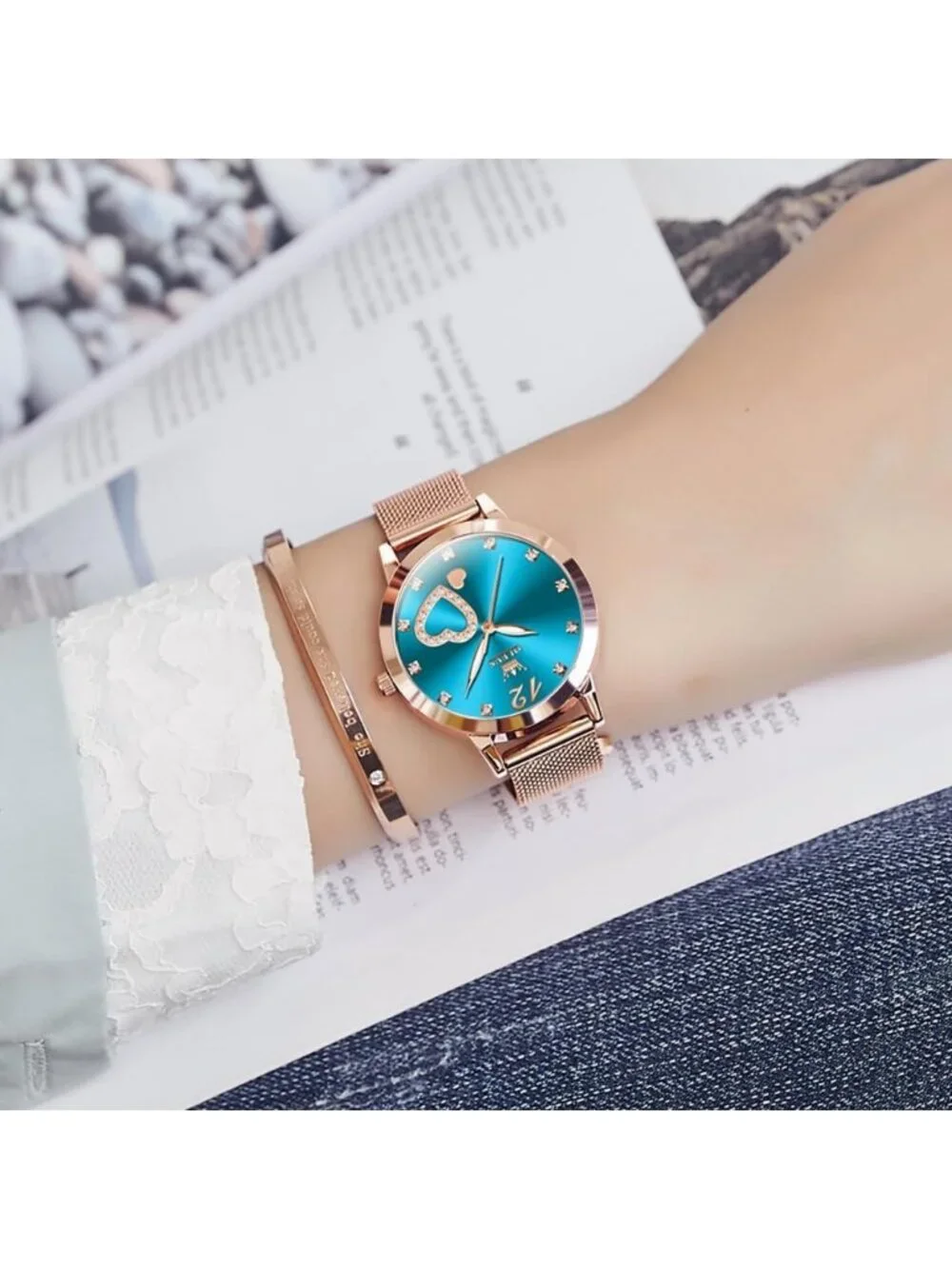 Women's Blue Mesh Strap Fashion Dress Hearts Quartz Bracelet Sets Ladies Watch